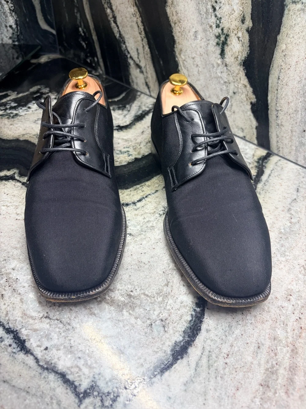 Santoni Black Textile Leather Derby Dress Shoes Men’s UK 9 US 10 Italy